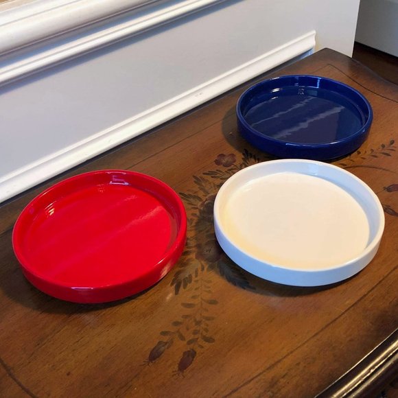 Haeger USA red, white and blue round ceramic tray trio